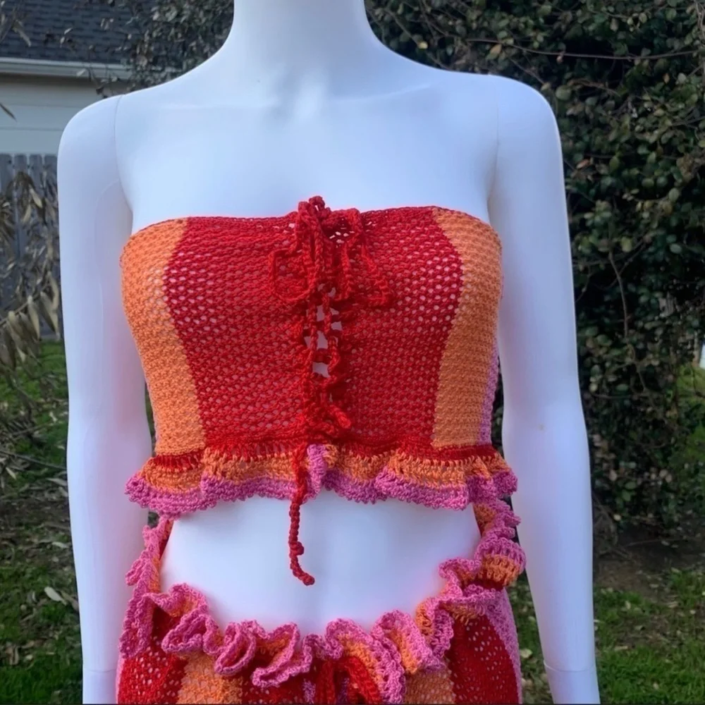 💋NWT Lovers + Friends Boho Crochet Bandeau Wide Leg Cover Up Beach/Pool Pant Set - Picture 10 of 15